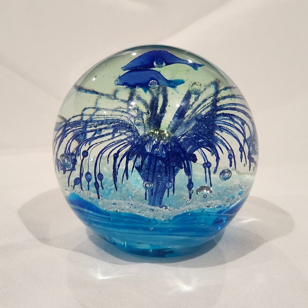 Art Glass Paperweight Blue Dolphin  Ocean‎ Sphere Murano Style Ocean Decor